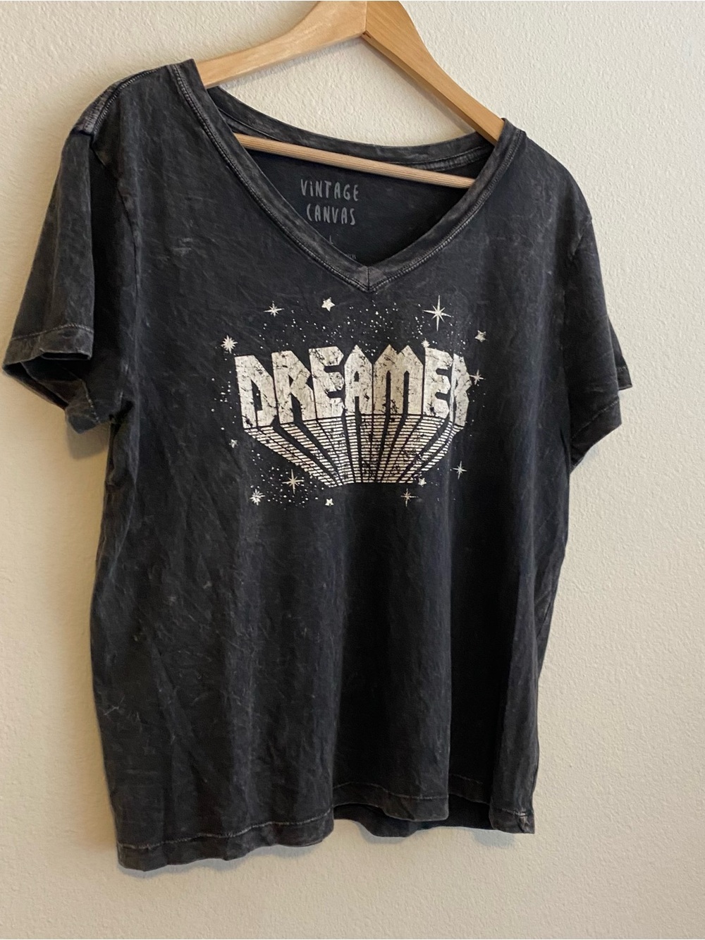 Vintage Canvas Black 'Dreamer' V-Neck Graphic Tee Soft Loose Festival Boho